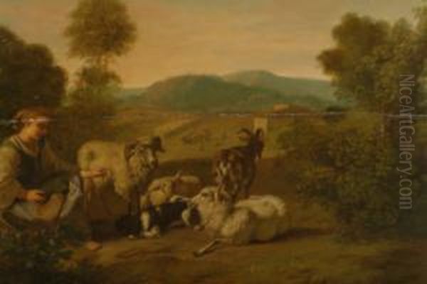 A Pastoral Landscape, With A 
Shepherdess With Her Animals, Farm Workers Beyond And Distant Hills, 
Unsigned, Attribution And Biog. Verso Oil Painting by Simon van der Does