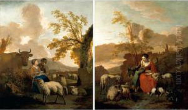 An Italianate Landscape With A 
Shepherdess Attending Her Animals And Reading A Letter To Her Son Oil Painting by Simon van der Does