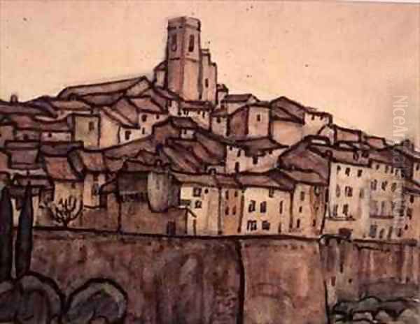 View of a Walled Town with Roof Rising to a Square Tower on a Hill Oil Painting by Anne L. Falkner