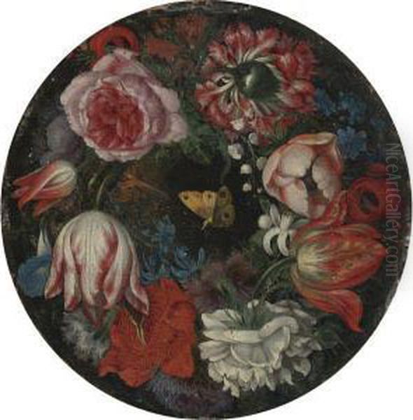 Wreath Of Roses, Carnations, 
Anemonies, Morning Glories,hyacinths, Tulips, Lily Of The Valley, And A 
Butterfly Oil Painting by Juan Van Der Hamen Y Leon