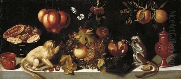 Grapes And Pomegranates In A Wicker Basket With Candied Fruit On A 
Tazza Oil Painting by Juan Van Der Hamen Y Leon