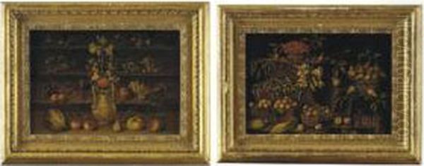 Baskets Of Apples, Pears, 
Cherries With Grapes, Peapods, Apricots, Plums, Lettuces And Lilies On 
Stone Ledges; And Lilies And Other Flowers In An Urn With Figs, 
Cherries, Grapes, Apricots And Other Fruit On Stone Ledges Oil Painting by Juan Van Der Hamen Y Leon