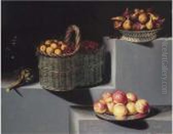 Bodegon Con Un Jarro De Cristal,
 Alcachofa, Un Cesto De Cerezas Yalbaricoques, Un Cesto Con Higos Y Un 
Plato De Plata Con Manzanas.todo Sobre Repisa De Piedra En Tres Alturas Oil Painting by Juan Van Der Hamen Y Leon