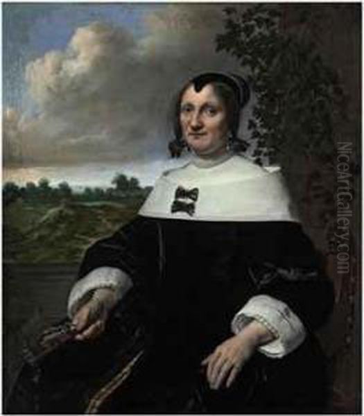 Portrait Of A Lady, 
Three-quarter-length, Seated, Before Abalustrade, Holding A Fan, A 
Landscape With Bleaching Fields And Aview Out To Sea Beyond Oil Painting by Bartholomeus Van Der Helst