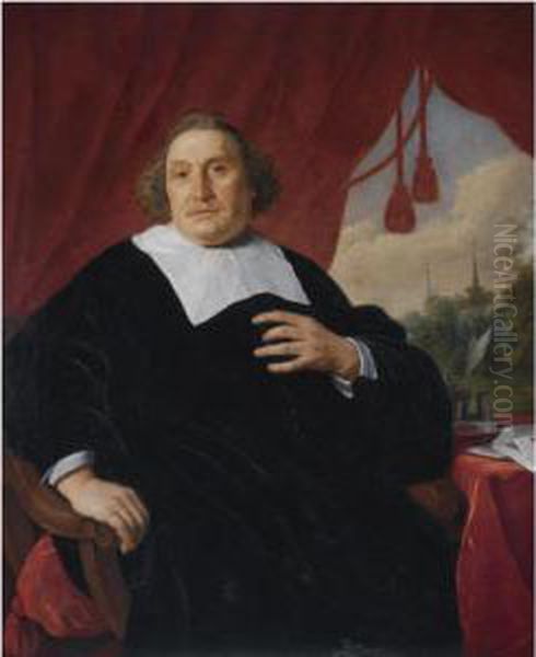 Portrait Of A Gentleman In Black
 Robe, Three-quarter Length, Seatedat A Table, A Wooded Landscape With 
Two Church Spires In Thebackground Oil Painting by Bartholomeus Van Der Helst