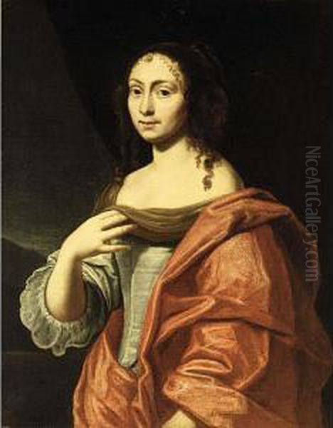 A Portrait Of An Elegant Lady, 
Standing Three-quarter Length, Wearing A Grey Dress With Red Shawl Oil Painting by Bartholomeus Van Der Helst