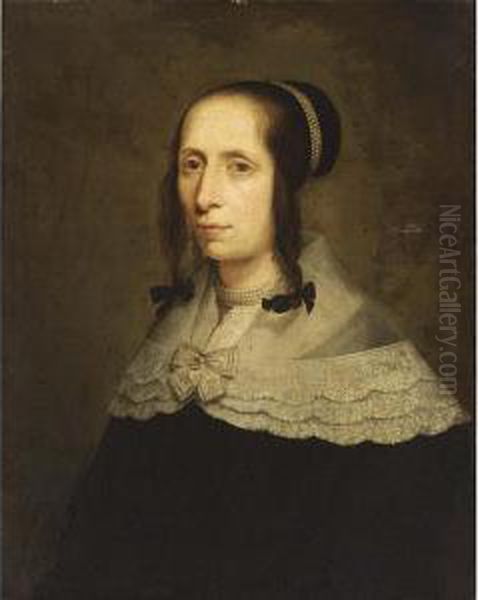 A Portrait Of A Lady, Bust 
Length, Wearing A Black Dress With White Lace Collar And Pearl Jewellery Oil Painting by Bartholomeus Van Der Helst