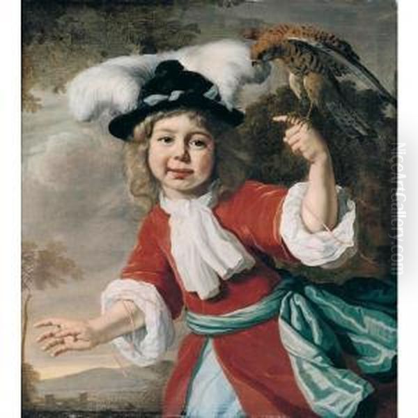 Portrait Of A Young Boy, Half 
Length, Wearing A Red Coat Tied With A Pale Blue Sash And A Feathered 
Hat, Holding A Kestrel, A Landscape Beyond Oil Painting by Bartholomeus Van Der Helst