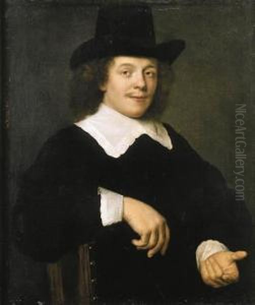 Portrait Of A Gentleman, Seated 
Half Length, Wearing Black Costume With Lace Collar And Cuffs And Black 
Hat Oil Painting by Bartholomeus Van Der Helst