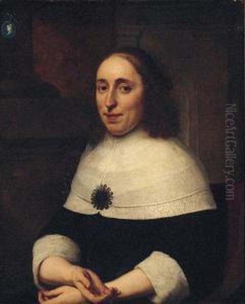 Portrait Of A Lady, Seated 
Half-length, In A Black Dress, On Aterrace, A Cameo On A Column Above Oil Painting by Bartholomeus Van Der Helst