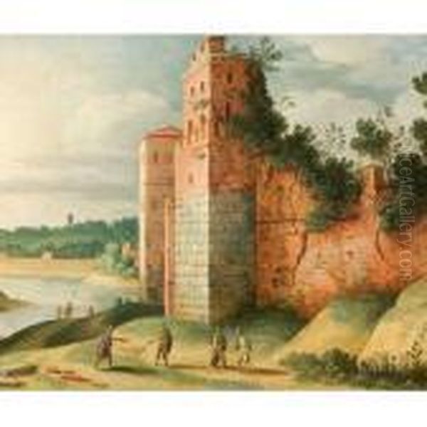 Ansicht Einer Baumumrankten 
Burgruine Mit Zinnenbekrontemturm, Links Davon Blick In Die Weite Der 
Sommerlichen Landschaftmit Idyllischem Flusslauf Und Bewaldeten Hugeln 
Sowie Imvordergrund Figurenstaffage In Zeitgenossischer Kleidung Oil Painting by Jan Van Der Heyden