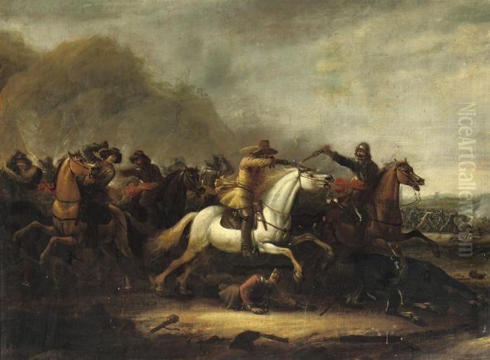 A Cavalry Skirmish In A Mountainous Landscape Oil Painting by Abraham van der Hoef