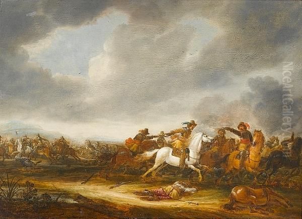 A Cavalry Skirmish, A Soldier On
 His White Horse Attacking To The Right, With A Fallen Horse In The 
Right Foreground Oil Painting by Abraham van der Hoef