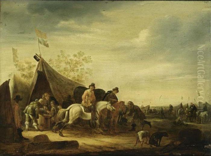 An Encampment With Soldiers Near
 A Tent And Horsemen Nearby, Other Soldiers And Cavalry In The 
Background Oil Painting by Abraham van der Hoef