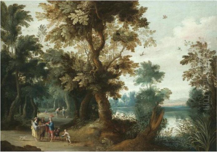 A Wooded River Landscape With Elegant Figures Having Their Fortune Told Oil Painting by Jasper van der Lamen