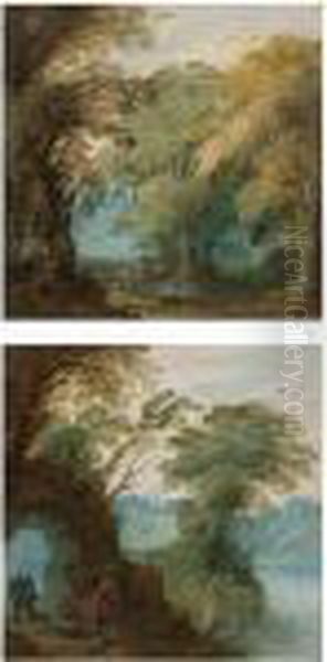 Four Wooded Landcapes With Figures Oil Painting by Jasper van der Lamen