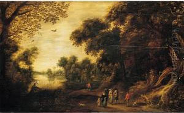 A Wooded River Landscape With 
Elegant Figures Conversing With A Traveller In The Foreground Oil Painting by Jasper van der Lamen