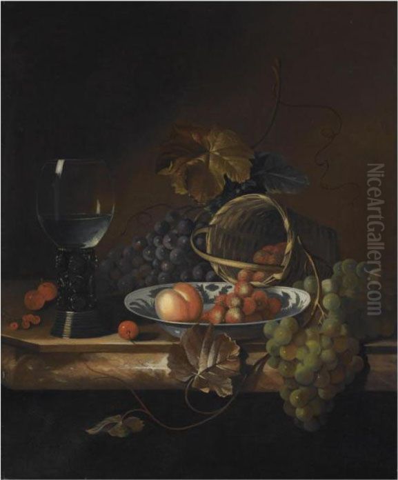 Still Life Of Blue And White 
Grapes, A Peach And Strawberries In Aporcelain Bowl And Basket, Together
 With Cherries And A Roemer, Allon A Marble Ledge Oil Painting by Barend or Bernardus van der Meer