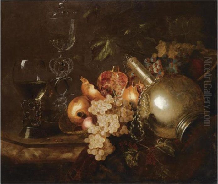 A Still Life Of Pomegranates, 
Grapes, A Silver Vessel, A Roemer Anda Venetian Glass On A Marble Table 
Draped With A Cloth Oil Painting by Barend or Bernardus van der Meer