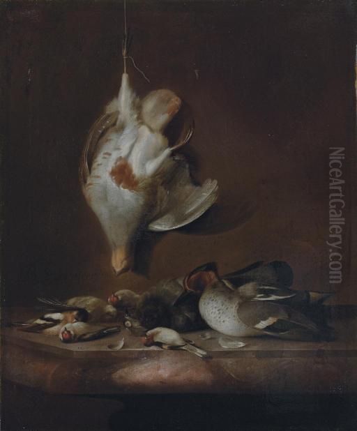 A Still Life With A Partridge 
Hanging On A Wall, And A Teal, A Yellowhammer, Finches And Other Birds 
On A Marble Ledge Oil Painting by Barend or Bernardus van der Meer
