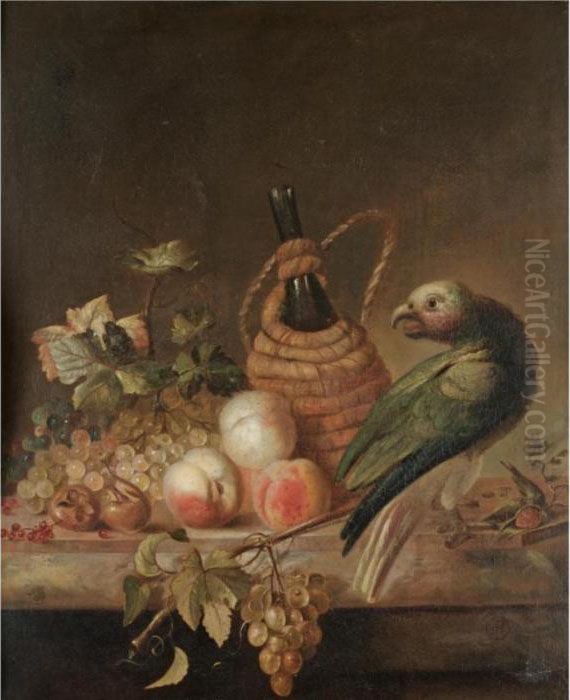 A Still Life With A Parrot, 
Together With A Flagon Of Wine, A Bunch Of Grapes, Peaches, Red Currents
 On A Marble Ledge Oil Painting by Barend or Bernardus van der Meer
