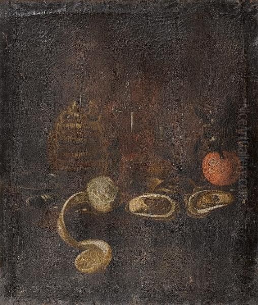 A Still Life Of A Carafe Of 
Wine, A Silver Dish, A Knife, A Glass Of Red Wine, Oysters, A Peeled 
Lemon, A Salt And An Ornage On A Table Oil Painting by Barend or Bernardus van der Meer