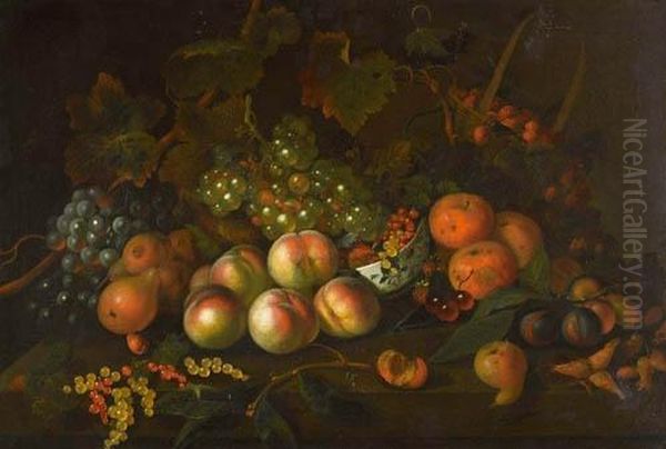 Stilleben Mit Trauben, 
Pfirsichen, Birnen, Pflaumen, Kirschen, Haselnussen Und Johannisbeeren 
In Schale Und Erdbeeren In Henkelkorbchen. Oil Painting by Barend or Bernardus van der Meer