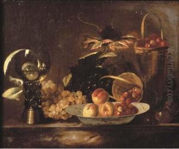 Peaches And Raspberries On A 
Dish, With Grapes, A Roemer, Apartly-peeled Lemon And A Basket On A 
Marble Ledge Oil Painting by Barend or Bernardus van der Meer