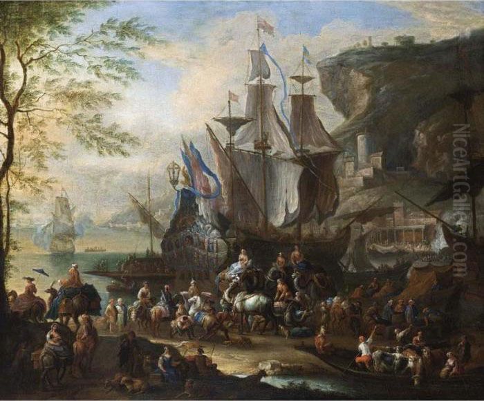 A Mediterranean Harbour Scene 
With Figures Unloading Merchantmen, Together With Horsemen, An Elephant,
 Dromedaries And A Ferry In The Foreground, A View Of A Town In The 
Background Oil Painting by Jean Baptist Van Der Meiren