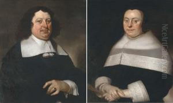 Portrait Of A Gentleman, 
Half-length, In A Back Coat; And Portrait Of A Lady, Half-length, In A 
Black Dress Holding A Fan Oil Painting by Jacob Fransz van der Merck