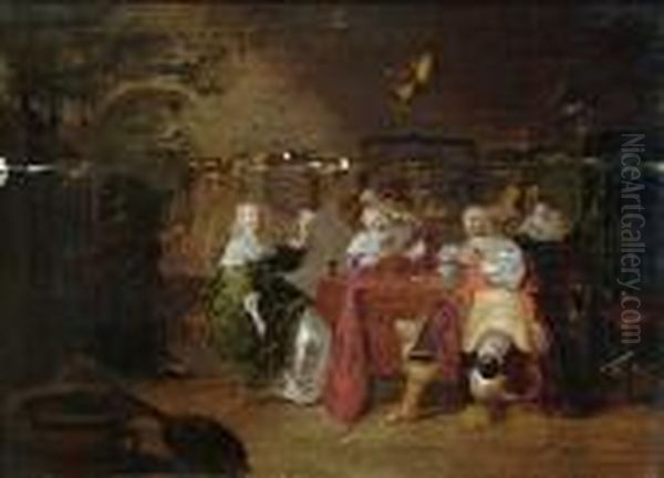 Officers Playing Cards With Courtesans In An Interior Oil Painting by Jacob Fransz van der Merck