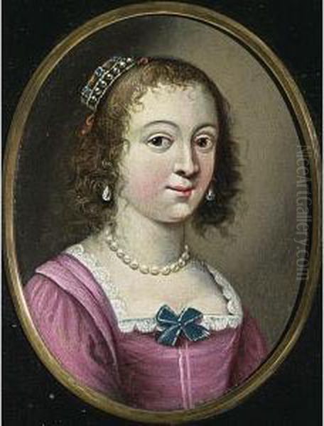 A Portrait Of A Lady, Bust Length, Wearing A Pink Dress With Pearl Jewellery And Bonnet Oil Painting by Jacob Fransz van der Merck