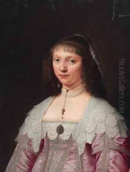 Portrait Of A Lady, Bust-length,
 In A Crimson Silk Embroidereddress With Lace Trimmings And A Pearl 
Necklace Oil Painting by Jacob Fransz van der Merck