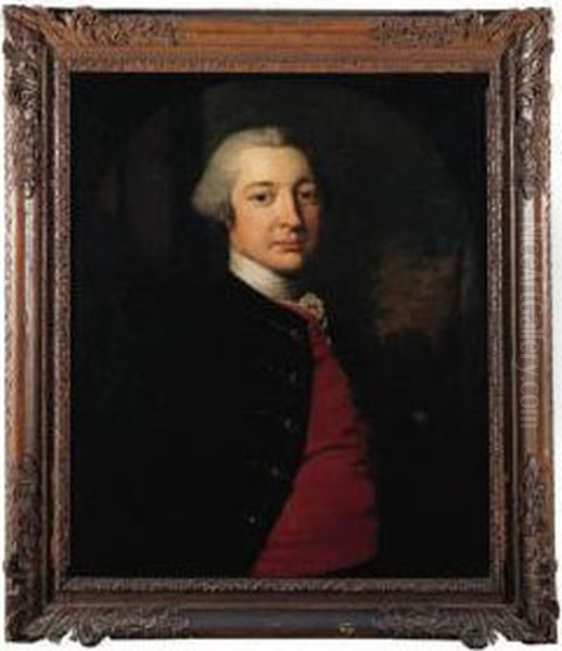 Portrait Of A Gentleman, Half 
Length, In A Blue Jacket With A Redwaistcoat, Signed And Dated 'van Der 
Myn 1755' (lower Left) Oil Painting by Frans Van Der Mijn