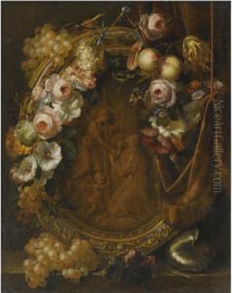 Still Life With A Garland Of 
Fruit And Flowers Adorning A Bronzerelief Of The Agony In The Garden Oil Painting by Heroman Van Der Mijn