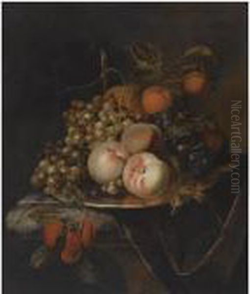 A Still Life Of Blue And White 
Grapes, Peaches, Plums, A Pear And Apomegranate, All On A Pewter 
Platter, On A Marble Drapedledge Oil Painting by Heroman Van Der Mijn