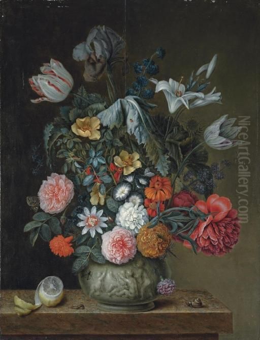 Roses, Tulips, Lilies, An Iris 
And Other Flowers In A Porcelain Vase On A Stone Ledge, With 
Partly-peeled Lemon, A Snail And Other Insects Oil Painting by Heroman Van Der Mijn