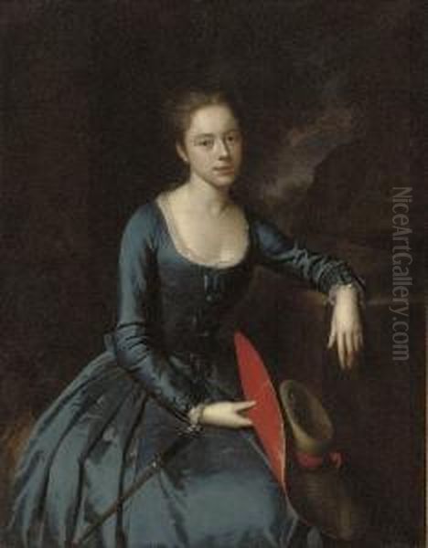 Portrait Of A Lady, Seated, 
Three-quarter-length, In A Blue Satin Riding Habit, Holding A Straw 
Bonnet With Red Silk Trim In Her Right Hand, With A Riding Crop In Her 
Lap, In A Landscape Oil Painting by Heroman Van Der Mijn