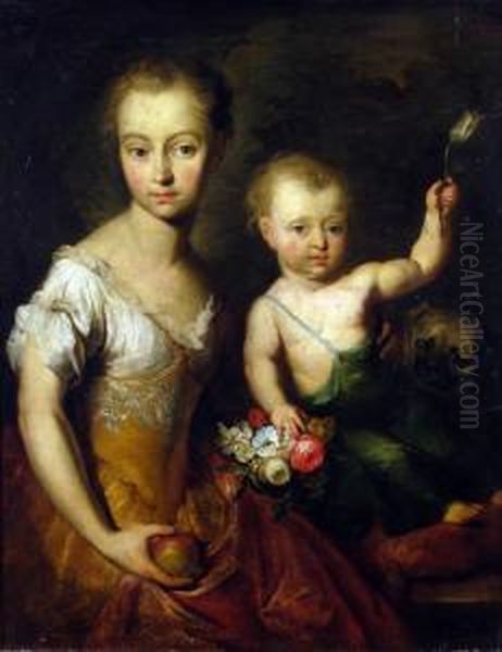 Noble Children And Pug, She Sits
 Holding An Apple And Bunch Of Flowers, The Boy With White Tulip Oil Painting by Heroman Van Der Mijn