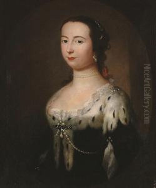 Portrait Of An Elegant Lady, 
Bust-length, Wearing An Ermine Fur Fastened With A Pearl Brooch, In A 
Painted Oval. Oil Painting by Heroman Van Der Mijn