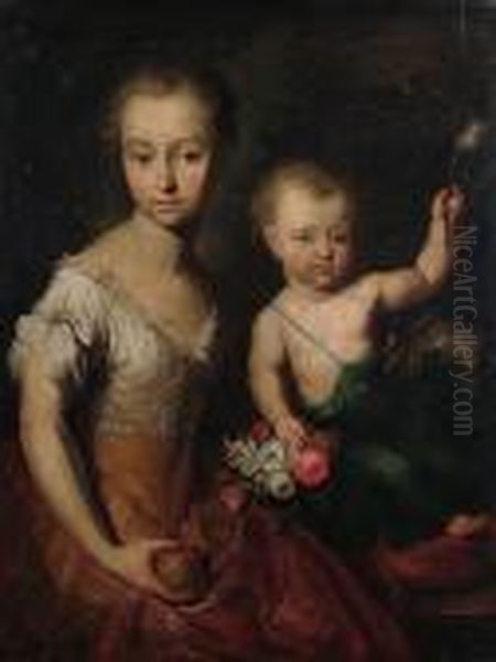 A Double Portrait Of A Girl And A
 Boy Seated With A Pug, The Girl Wearing A Yellow Dress, Holding An 
Apple, The Boy Holding A Tulip Oil Painting by Heroman Van Der Mijn