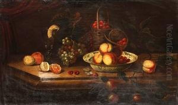 Peaches And Cherries In A Oil Painting by Heroman Van Der Mijn