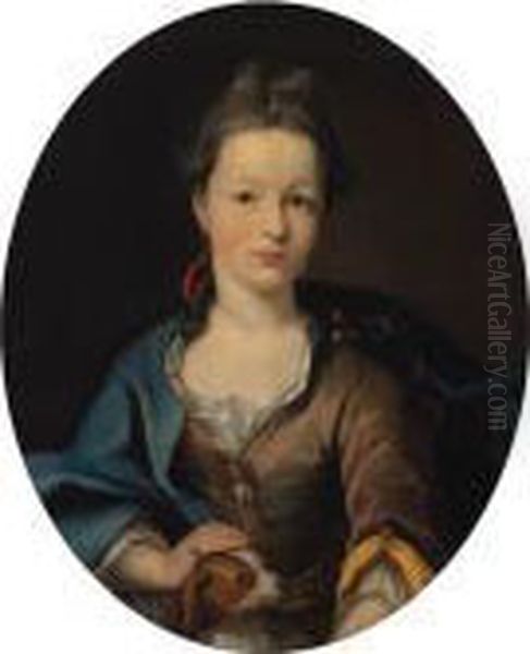 Portrait Of A Lady, Half-length,
 In A Gold Silk Dress And Bluecloak, With A Spaniel On Her Lap Oil Painting by Heroman Van Der Mijn
