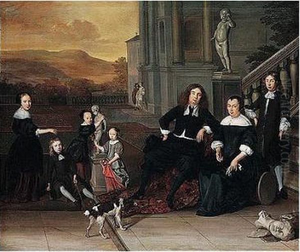 A Portrait Of A Family Group On A
 Terrace By An Elegant House, Possibly A Self-portrait With His Family Oil Painting by Eglon Hendrick Van Der Neer