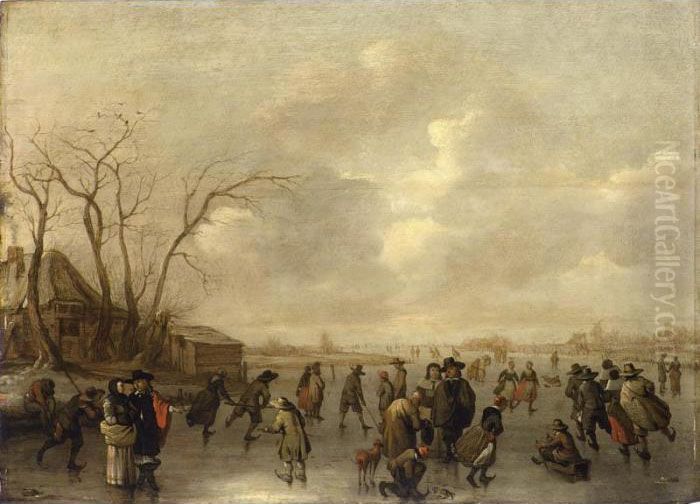 A Winter Landscape With Skaters,
 Figures Playing Kolf And A Boy On A Sleigh On A Frozen River, A 
Farmhouse To The Left Oil Painting by Adriaen Lievensz van der Poel