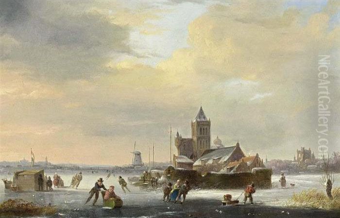 A Winter Landscape With Skaters On A Frozen River Oil Painting by Jacobus Van Der Stok