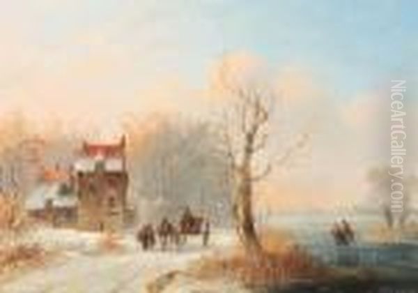 A Winter Landscape With Skaters 
On A Frozen Waterway And Ahorse-drawn Cart On A Snow-covered Track Oil Painting by Jacobus Van Der Stok