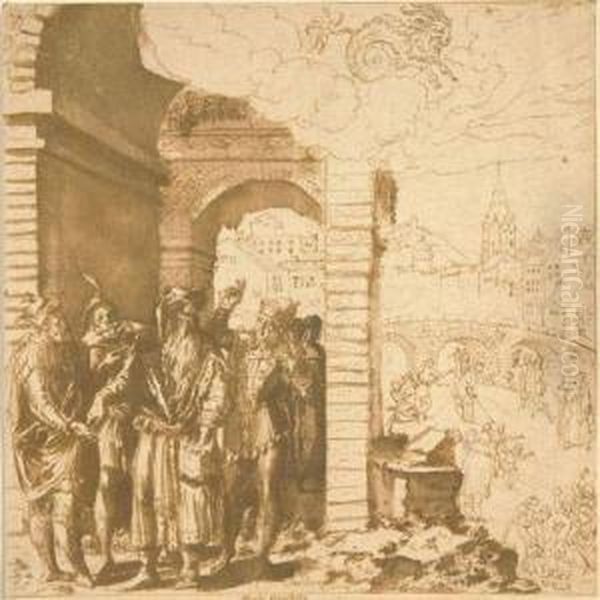 Dezember: Allegorische Szene Mit Einem Bartigen Mann Der Drei Diener Bezahlt. Oil Painting by Jan van der Straet