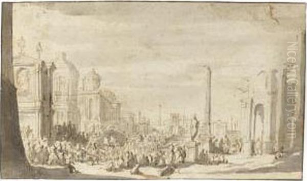 Recto: A Crowd Of Figures 
Gathered In The Roman Forum, An Obelisk And Triumphal Arch To The Left; 
Verso: Three Men In Discussion At The Base Of An Elaborate Column Oil Painting by Jacob Van Der Ulft
