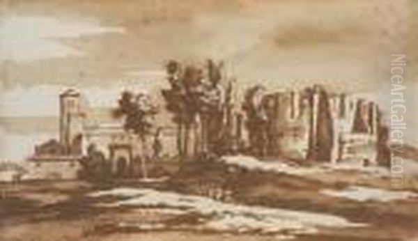 The Roman Campagna With A Villa,
 Ruins Of An Antique Building Andthree Figures In The Foreground Oil Painting by Jacob Van Der Ulft